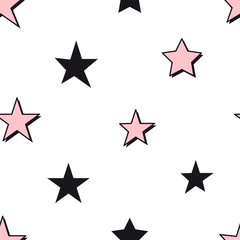 Seamless abstract pattern with pink and black stars on white background. Girlish starry seamless pattern. Perfect for bedding and sleepwear textile and fabric.