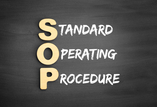 Wooden alphabets building the word SOP - Standard Operating Procedure acronym on blackboard