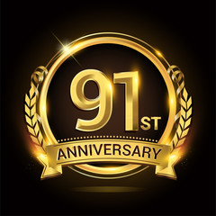 91st golden anniversary logo, 91 years anniversary celebration with ring and ribbon, Golden anniversary laurel wreath design.