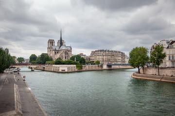 Fototapeta na wymiar Notre Dame de Paris Cathedral (eastern facade with a spire on the roof) and river Seine in Paris (France, Europe)