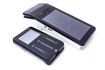 Pos terminal and online ticket office on a white background. Banking equipment. Acquiring. Acceptance of bank credit cards. Contactless payment.