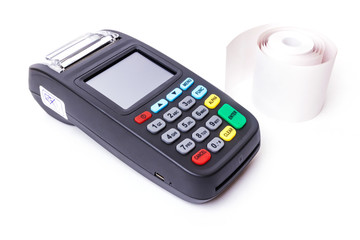 Pos terminal and thermal tape on a white background. Banking equipment. Acquiring. Acceptance of bank credit cards. Contactless payment.