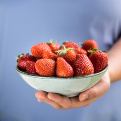 A bowl of strawberries held in one hand by a girl in pastel blue clothes