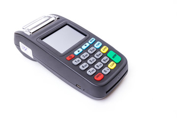Pos terminal on a white background. Banking equipment. Acquiring. Acceptance of bank credit cards. Contactless payment.
