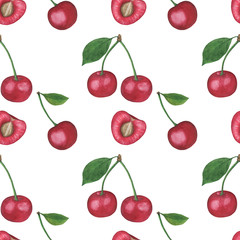 Pattern Cherry berry Watercolor Digital paper seamless illustration set of summer botanical decorations greeting card design