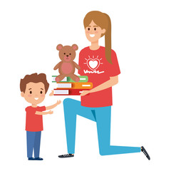 woman volunteer giving a boy books and bear teddy