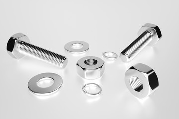 Bolts, nuts, washers, growers on a white background 3D rendering