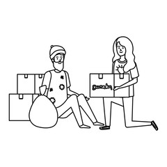 woman volunteer giving a homeless man donations box