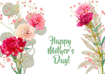 Horizontal Mother's Day card with carnation: pale, red, pink, flowers, twigs gypsophile, fern, eucalyptus, white background. Templates for design, botanical illustration in watercolor style, vector
