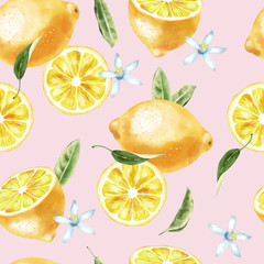Watercolor lemons with green leaves, lemon slices and flowers. Seamless pattern.