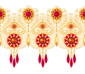 3d rendering. Golden stylized flowers, shiny curls, paisley element, seamless pattern. Oriental style arabesques. Brilliant lace. Openwork weaving delicate, pendant on a chain.