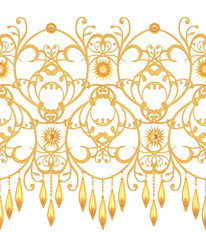 3d rendering. Golden stylized flowers, delicate shiny curls, paisley element, seamless pattern. Oriental style arabesques. Brilliant lace. Openwork weaving delicate, pendant on a chain.