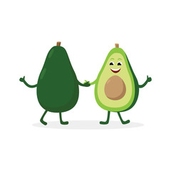 Avocado cartoon character isolated on white background. Healthy food funny mascot two parts of halved avocado, vector illustration in flat design.