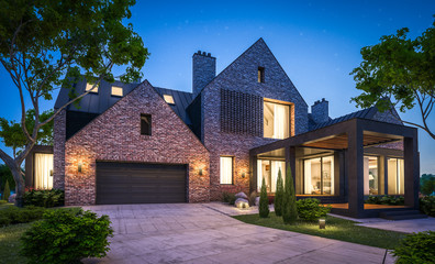 Naklejka premium 3d rendering of modern cozy clinker house on the ponds with garage and pool for sale or rent with beautiful landscaping on background. Clear summer night with many stars on the sky.