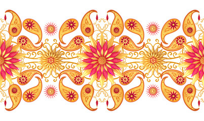 3d rendering. Golden stylized flowers, delicate shiny curls, paisley element, seamless pattern. Oriental style arabesques. Brilliant lace, Turkish, Indian cucumber.