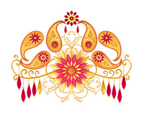 3d rendering. Golden stylized flowers, delicate shiny curls, paisley element Oriental style arabesques. Brilliant lace. Openwork weaving delicate, raspberry pendant on chain. Turkish Indian cucumber.