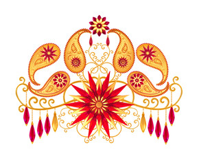 3d rendering. Golden stylized flowers, delicate shiny curls, paisley element Oriental style arabesques. Brilliant lace. Openwork weaving delicate, raspberry pendant on chain. Turkish Indian cucumber.