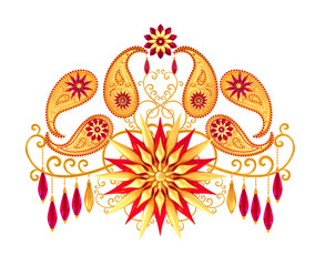 3d rendering. Golden stylized flowers, delicate shiny curls, paisley element Oriental style arabesques. Brilliant lace. Openwork weaving delicate, raspberry pendant on chain. Turkish Indian cucumber.