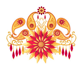 3d rendering. Golden stylized flowers, delicate shiny curls, paisley element Oriental style arabesques. Brilliant lace. Openwork weaving delicate, raspberry pendant on chain. Turkish Indian cucumber.