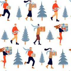 Fototapeta na wymiar Seamless Christmas pattern. Happy people with Christmas gifts and fir-tree. Vector illustration for textile, postcard, wrapping paper, poster, background, cover, t-shirt.
