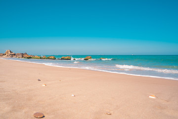Spanish beach. Sand and Turquoise sea water. Valencia, Spain.
