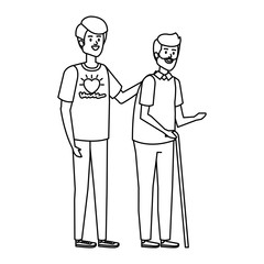 young man volunteer helping a grandfather