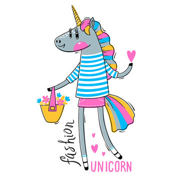 Vector illustration of a Rainbow Unicorn in fashionable clothes. Fashion kawaii animal. Can be used for t-shirt print, kids wear design, baby shower card