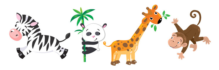 Grappige dieren set. Giraf, panda aap en zebra