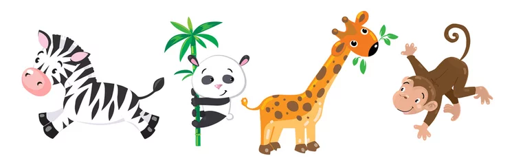 Fotobehang Aap Grappige dieren set. Giraf, panda aap en zebra