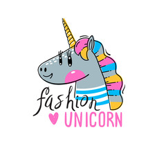 Vector illustration of a Rainbow Unicorn head. Fashion kawaii animal. Can be used for t-shirt print, kids wear design and much more