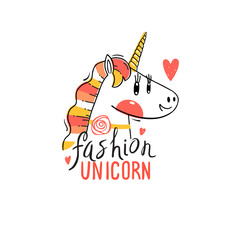Vector illustration of a Rainbow Unicorn head. Fashion kawaii animal. Can be used for t-shirt print, kids wear design and much more