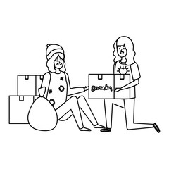 woman volunteer giving a homeless woman donations box