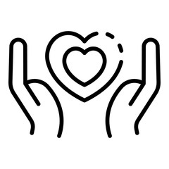 Palms and heart in heart icon. Outline palms and heart in heart vector icon for web design isolated on white background