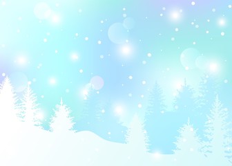 Vector winter landscape background. Template with Christmas trees, glowing lights, snowflakes and lens flare for Christmas and New Year greeting card. Xmas card with copy space for your text.