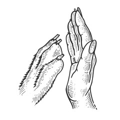 High five with dog sketch engraving vector illustration. Scratch board style imitation. Black and white hand drawn image.