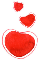 Hand painted bright red watercolor hearts on white