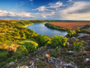 spring sunrise over the river. canyon of the picturesque river. spring morning