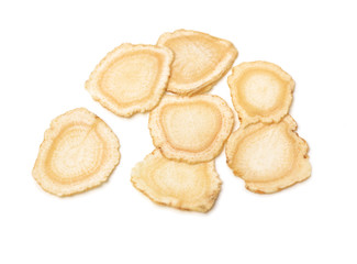 Chinese Herbal medicine - American Ginseng slices (Panax quinquefolius) isolated on white background
