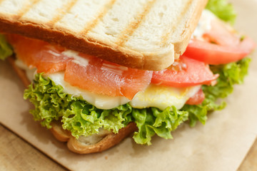 Closeup juicy sandwich with bacon, fresh vegetables, green salad and dark lines after grill