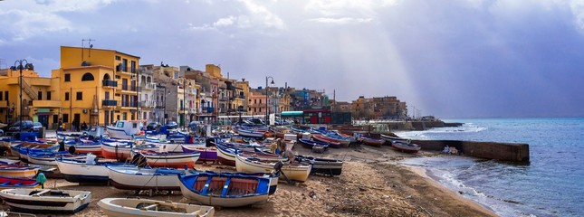 Scenery of Sicily. Traditional fishing village Aspra. Travel in Italy
