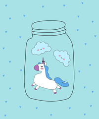 Magic background with little unicorns.Cute hand drawn unicorn vector illustration.