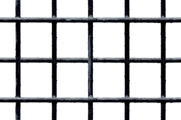 Seamless black metal grate with shabby painted bars isolated on white