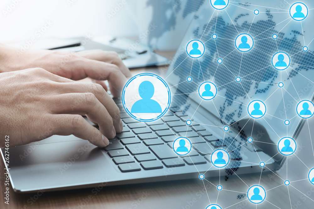 Poster Internet communication and data exchanges concept. Global people network structure. Businessman communicating by laptop.