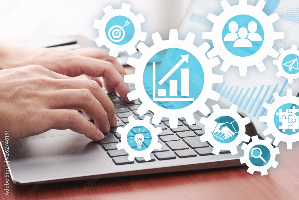 Poster business management concept. analysis and operation.businessman analyzing data.