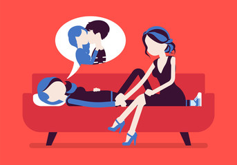 Broken heart girl, true friend to help. Young woman lying on sofa hurt after break up with boyfriend, painful romantic relationship, suffering from depression. Vector illustration, faceless characters