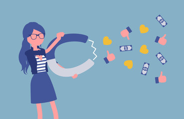 Popular female blogger attracting audience as magnet. Girl writes material for blog, marketing, social media texts powerful attraction, earns money, success. Vector illustration, faceless character