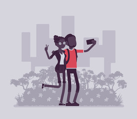 Tourists taking selfie. Young happy pair travelling, visiting places for pleasure, making photograph with smartphone to share in social media, self-portrait. Vector illustration, faceless characters