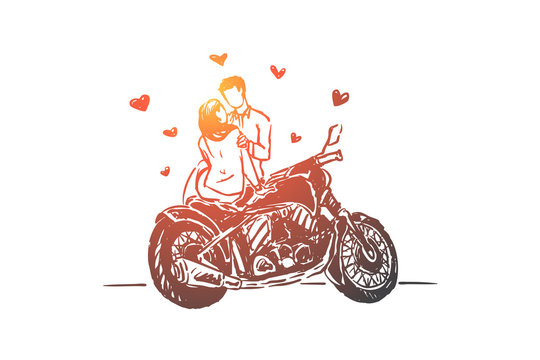 couple on motorcycle with hearts, orange sketch clip art preview