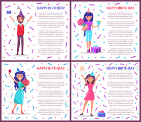 Happy birthday greeting posters people celebrating Bday. Cartoon female and male characters, festive hats vector on backdrop of tinsels and confetti, gifts