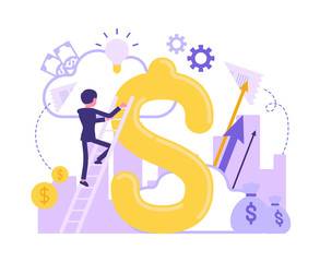 Business capital and dollar giant sign. Man climbing a ladder high to reach wealth, big money and financial success, investment to project profit. Vector abstract illustration with faceless character